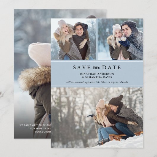Save The Date Dusty Blue Stylish Photo Collage Enregistrer notre (Devant / Derrière)