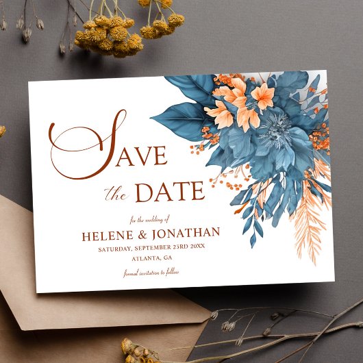 Save The Date Dusty Blue Terracotta Boho Élégant Mariage Floral