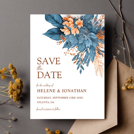Save The Date Dusty Blue Terracotta Boho Floral Mariage élégant