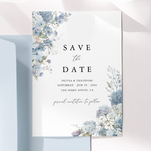 Save The Date Dusty Blue Watercolor Floral Elegant