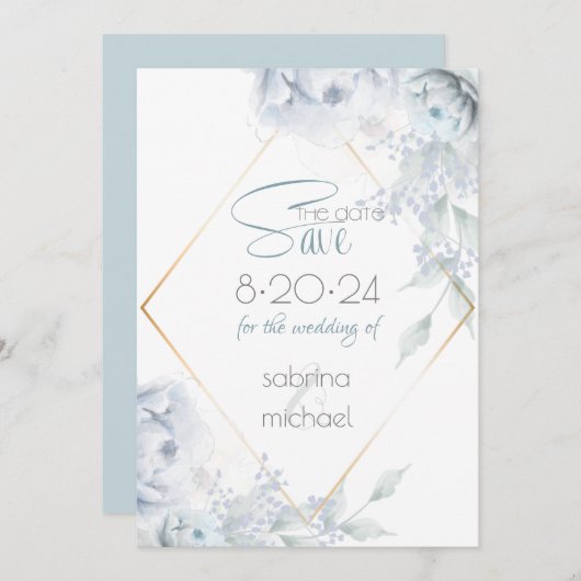 Save the date | Dusty Blue Watercolor Peonies (Devant / Derrière)