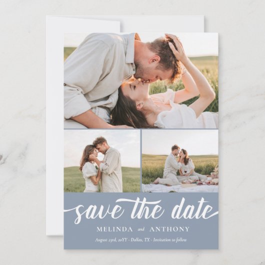 Save The Date Dusty Blue White Elegant Bold Script Photo Collage (Devant)