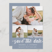 Save The Date Dusty Blue White Elegant Bold Script Photo Collage (Devant / Derrière)