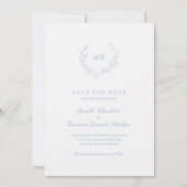 Save The Date Dusty Blue Wreath Monogramme QR Code Mariage éléga (Devant)