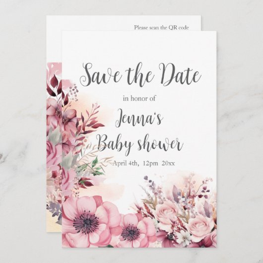 Save The Date Dusty Coral QR Code Baby shower (Devant / Derrière)
