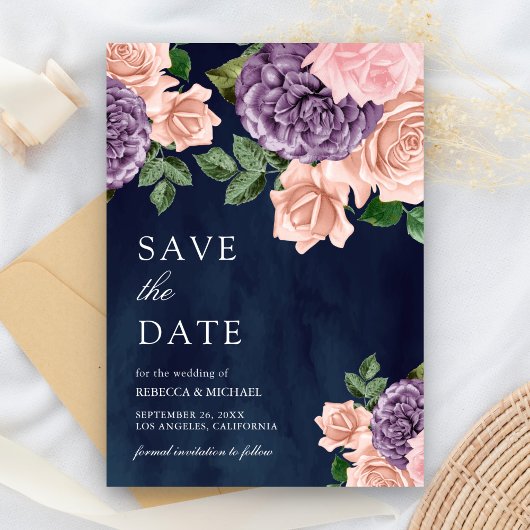 Save The Date Dusty Peach Purple Floral Navy Mariage bleu