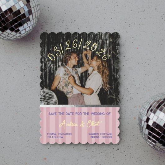 Save The Date Dusty Pink Retro Spring Disco Wedding Photo