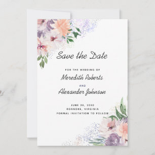 Save The Date Dusty Purple Peach Boho Floral Parties scintillant