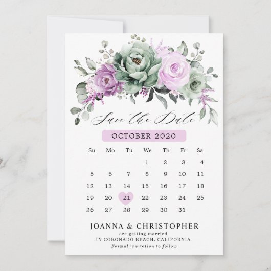 Save The Date Dusty Purple Sage vert aquarelle Floral Mariage (Devant)