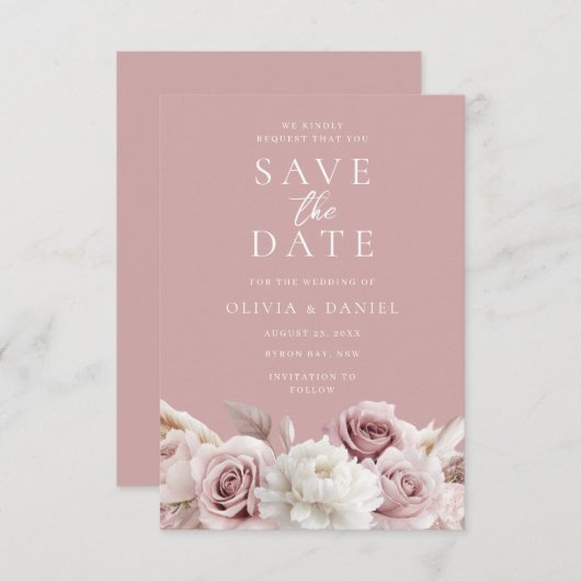 Save The Date Dusty Rose & Blush Roses Mariage élégant (Devant / Derrière)