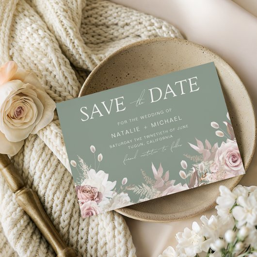 Save The Date Dusty Rose, Blush & Sage Boho Floral Wedding