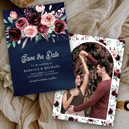 Save The Date Dusty rose Bourgogne Floral Navy Mariage bleu