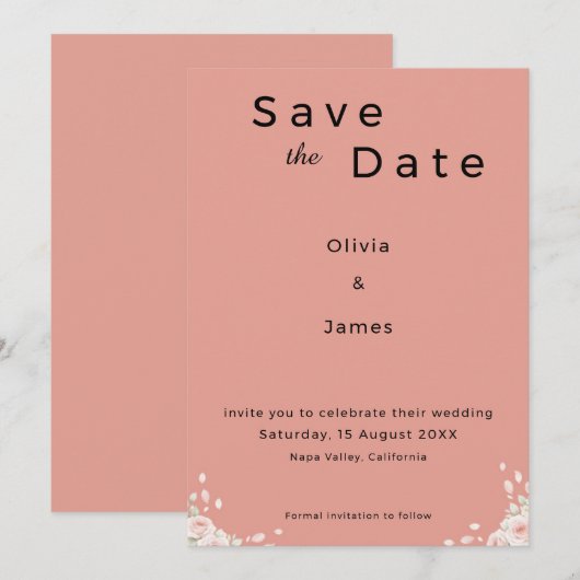 Save The Date Dusty Rose Elegant Minimalist Whispered Petals  (Devant / Derrière)