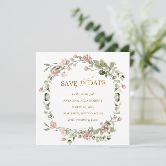 Save The Date Dusty Rose Floral Eucalyptus Mariage Enregistrer L (Debout devant)