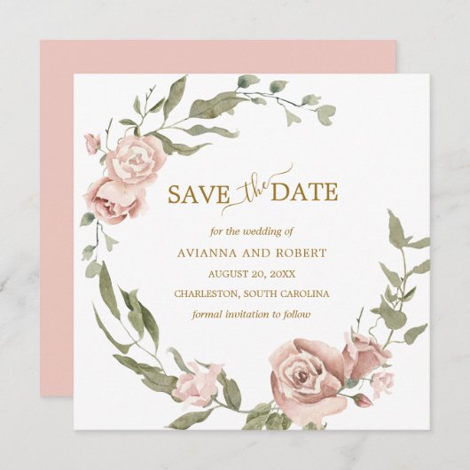 Save The Date Dusty Rose Floral Eucalyptus Mariage Enregistrer L (Devant / Derrière)