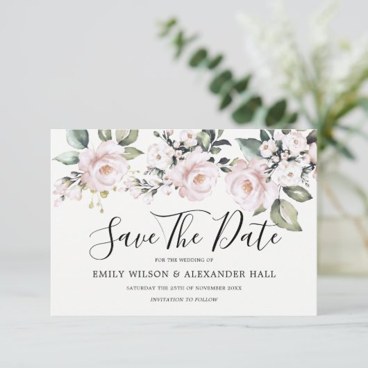 Save The Date Dusty Rose Rose Blush Floral Enregistrer La Date (Debout devant)