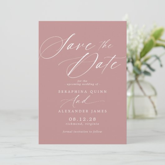 Save The Date Dusty Rose rose mauve | Script simple et élégant (Debout devant)