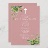 Save The Date Dusty Rose Rose verdure Première Communion Sainte (Devant / Derrière)