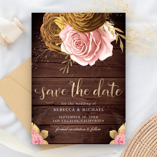 Save The Date Dusty Rose Terme Rose Mariage en bois floral