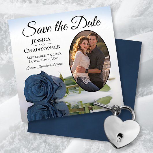 Save The Date Dusty Steel Blue Rose Oval Photo Mariage élégant