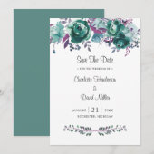 Save The Date Dusty Turquoise Plum Aquarelle Mariage Floral (Devant / Derrière)