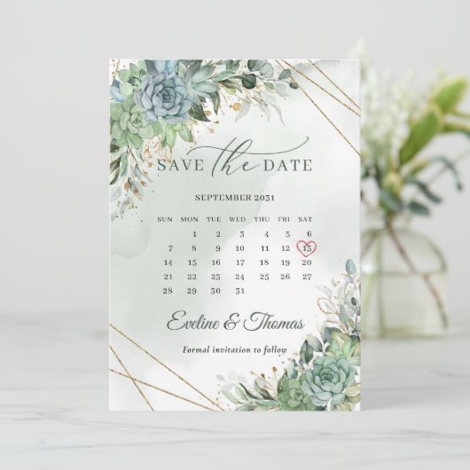 Save The Date Dusty vert bleu succulents or enregistrer la date (Debout devant)