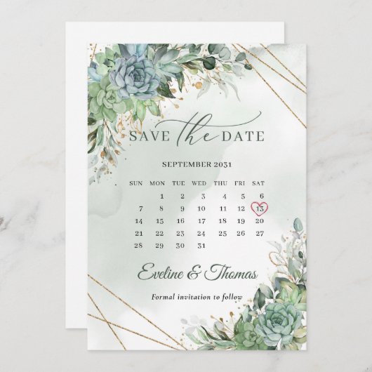 Save The Date Dusty vert bleu succulents or enregistrer la date (Devant / Derrière)