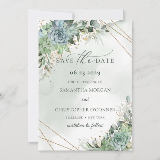 Save The Date Dusty vert bleu succulents or enregistrer la date (Devant)