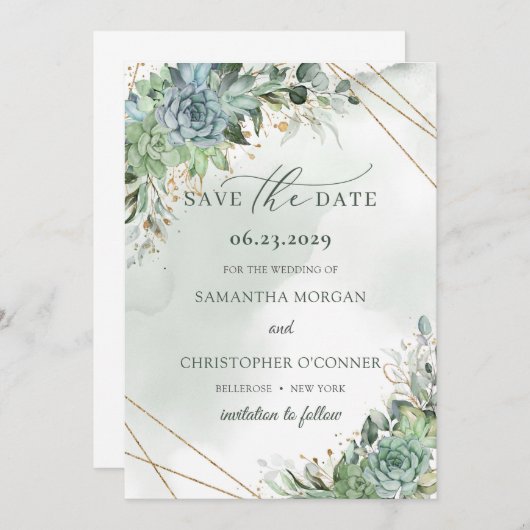 Save The Date Dusty vert bleu succulents or enregistrer la date (Devant / Derrière)