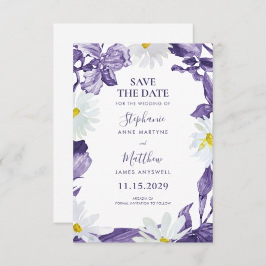 Save The Date Dusty violet Iris blanc marguerite Mariage botaniq (Devant / Derrière)