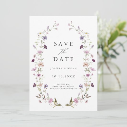 Save The Date Dusty Violet Lavender Fleur sauvage Jardin Mariage (Debout devant)