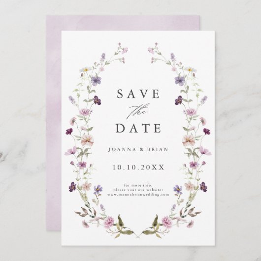 Save The Date Dusty Violet Lavender Fleur sauvage Jardin Mariage (Devant / Derrière)