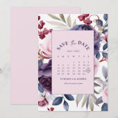 Save The Date Dusty violet rose calendrier fleuri mariage (Devant / Derrière)