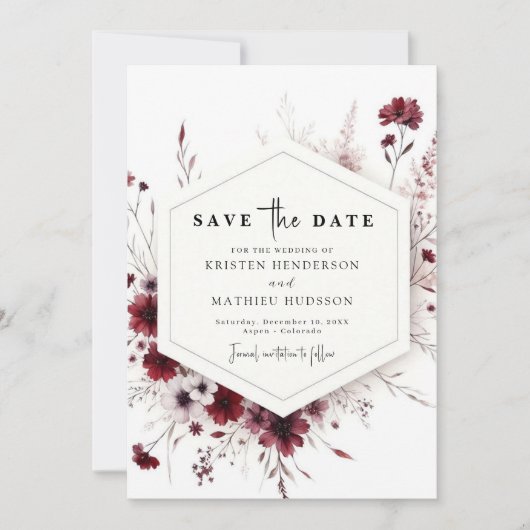 Save The Date Earthy Chic Burgundy Floral Mariage (Devant)