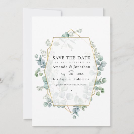 Save The Date Eau aquarelle Eucalyptus Géométrique Mariage Enreg (Devant)