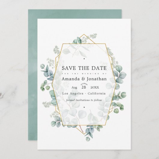 Save The Date Eau aquarelle Eucalyptus Géométrique Mariage Enreg (Devant / Derrière)