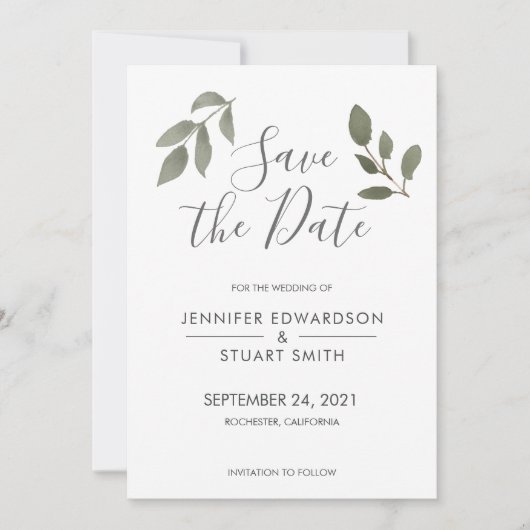 Save The Date Eau botanique rustique élégant feuille mariage (Devant)
