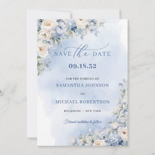 Save The Date Eau chic bleu et beige peonys rose