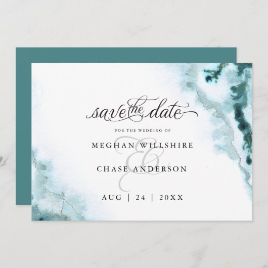 Save The Date Eau Moderne Aquarelle Moss Agate BarefootBride™ (Devant / Derrière)