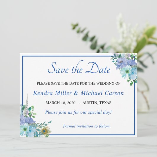 Save The Date Éblouissante Fleur Bleu Saphir Enregistrer La Date (Debout devant)