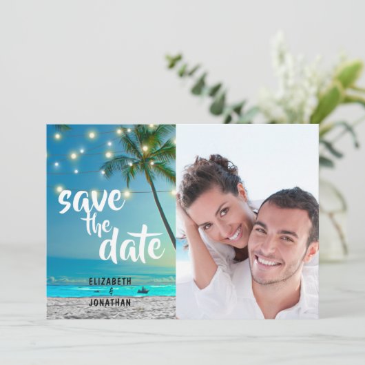 Save The Date Éclairages À Chaînes De Plage Tropical Enregistrer (Debout devant)