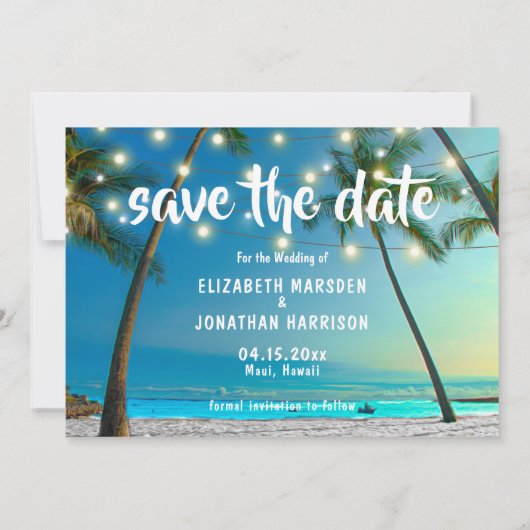 Save The Date Éclairages À Chaînes De Plage Tropical Enregistrer (Dos)