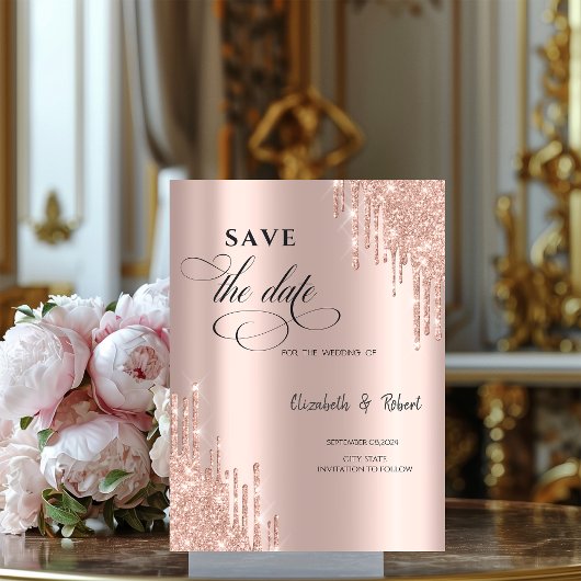 Save The Date Économisez la date de Chic Rose Gold Glitter Drips