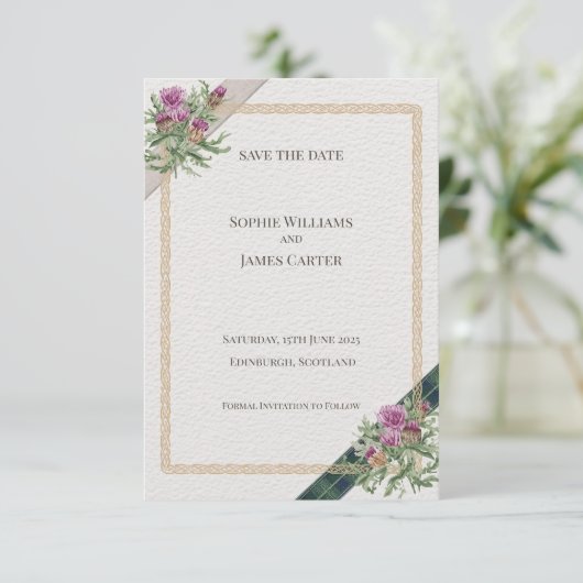 Save The Date écossais Thistle Celtic Tartan Mariage (Debout devant)
