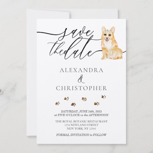 Save The Date écriture calligraphique de mariage de chiot Corgi (Devant)