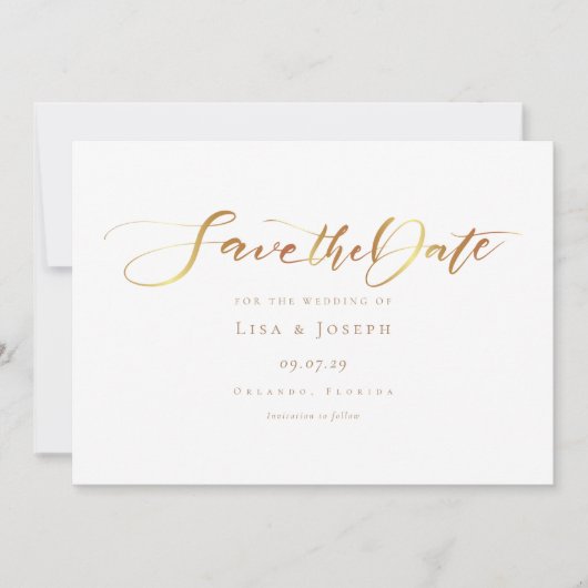 Save The Date Écriture calligraphique dorée simple élégante (Devant)