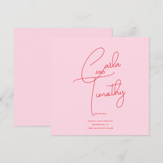 Save The Date Écriture Calligraphique Moderne Rouge Rose Mariage (Devant / Derrière)