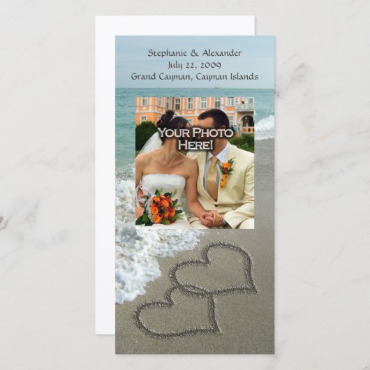 Save The Date Ecriture de sable sur la plage, Coeurs bloqués (Devant / Derrière)