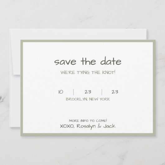 Save The Date Écriture Décontractée Vert Dusteux Liant Le Noeud (Devant)