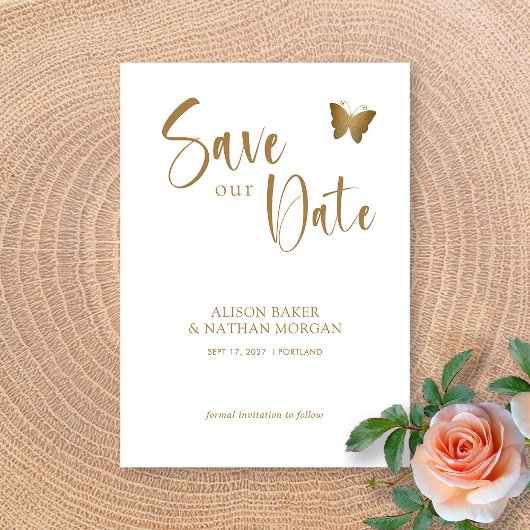 Save The Date Écriture dorée élégante avec papillon à paillettes
